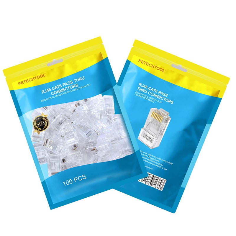 PETECHTOOL RJ45 Cat6 Cat5 Connectors Ends Gold Plated 8P8C Ethernet Pass Through Plug (100Pack) - Image 2